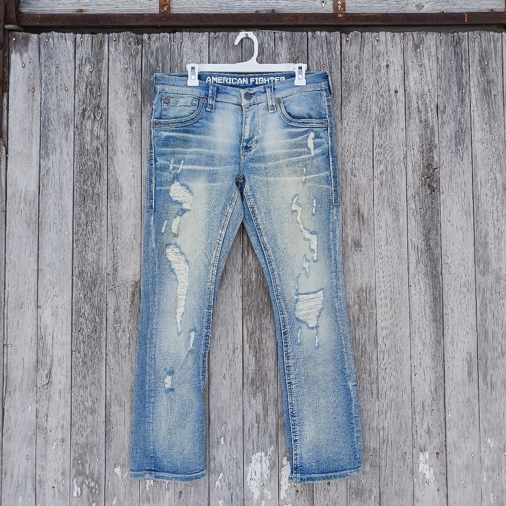 American‎ Fighter Jeans Mens Sz 30x30 Short Defender Slim Denim Light Distressed